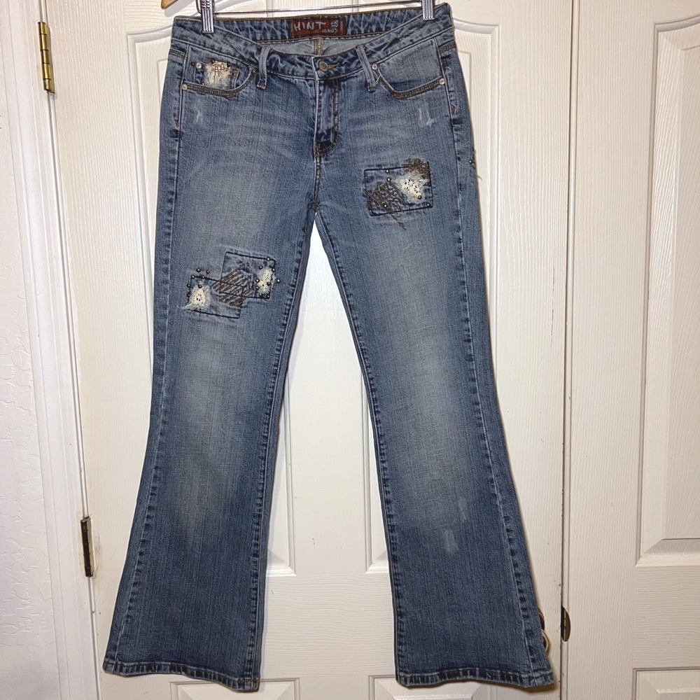 Hint Jeans‎ Vintage 90s Low Rise Flare Patchwork Crochet Denim Blue Size 9